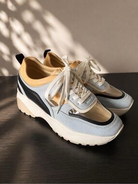 Platform Lace-Up Sneakers in Light Blue, Cream and Black